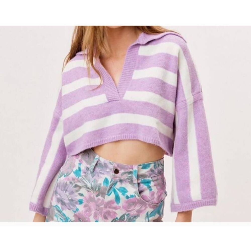 NWT For Love & Lemons Maud Boxy Crop Purple White Sweater Size XXS